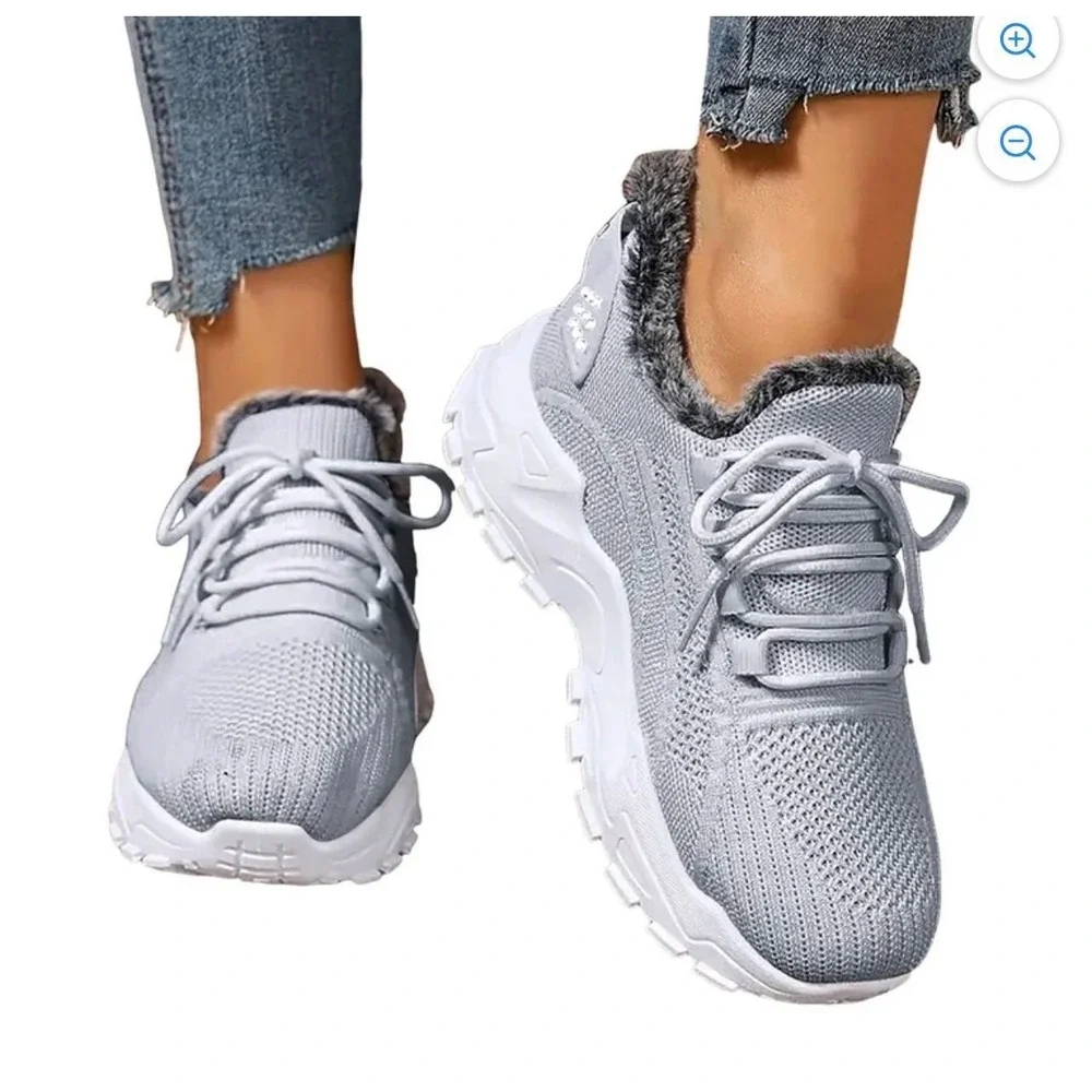Womens Grey Knit Faux Fur Lined Sneakers Lace Up Chunky Platform Shoes